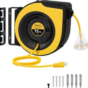 Retractable Extension Cord Reel, 75 FT Extension Cord Reel, 14AWG/3C SJTOW Heavy Duty Power Cord Reel, Lighted Triple Tap, 10A Circuit Breaker, Wall/Ceiling Mounted, UL Listed, Yellow Y75CR06