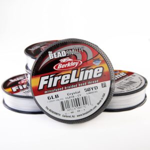 The Beadsmith Fireline by Berkley – Micro-Fused Braided Thread – 6lb. Test, 006”/.15mm Diameter, 50 Yard Spool, Crystal Color – Super Strong Stringing Material for Jewelry Making and Bead Weaving