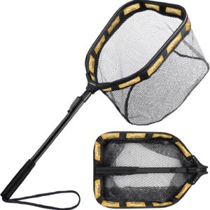 PLUSINNO Floating Fishing Net for Steelhead, Salmon, Fly, Kayak, Catfish, Bass, Trout Fishing, Rubber Coated Foldable Landing Net with Fixed or Telescoping Pole Handle, Fishing Gear and Gifts for Men