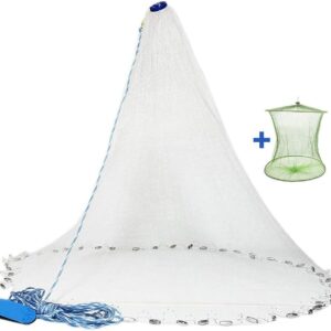 Yeahmart American Saltwater Fishing Cast Net for Bait Trap Fish 3ft/4ft/5ft/6ft/7ft/8ft/9ft/10ft Radius Casting Nets with Heavy Duty Real Zinc Sinker Weights, 3/8inch Mesh Size
