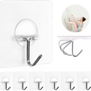 JINSHUNFA Adhesive Wall Hooks 13LB Heavy Duty No Drill Transparent Waterproof Hooks for Bathroom Kitchen Towel Coat 8 Pack